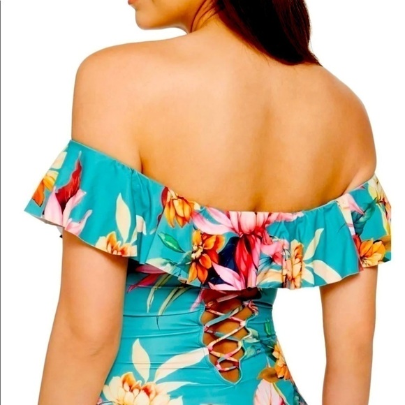 La Blanca Women's Off Shoulder Ruffle Blue One Piece Swimsuit - Picture 3 of 12